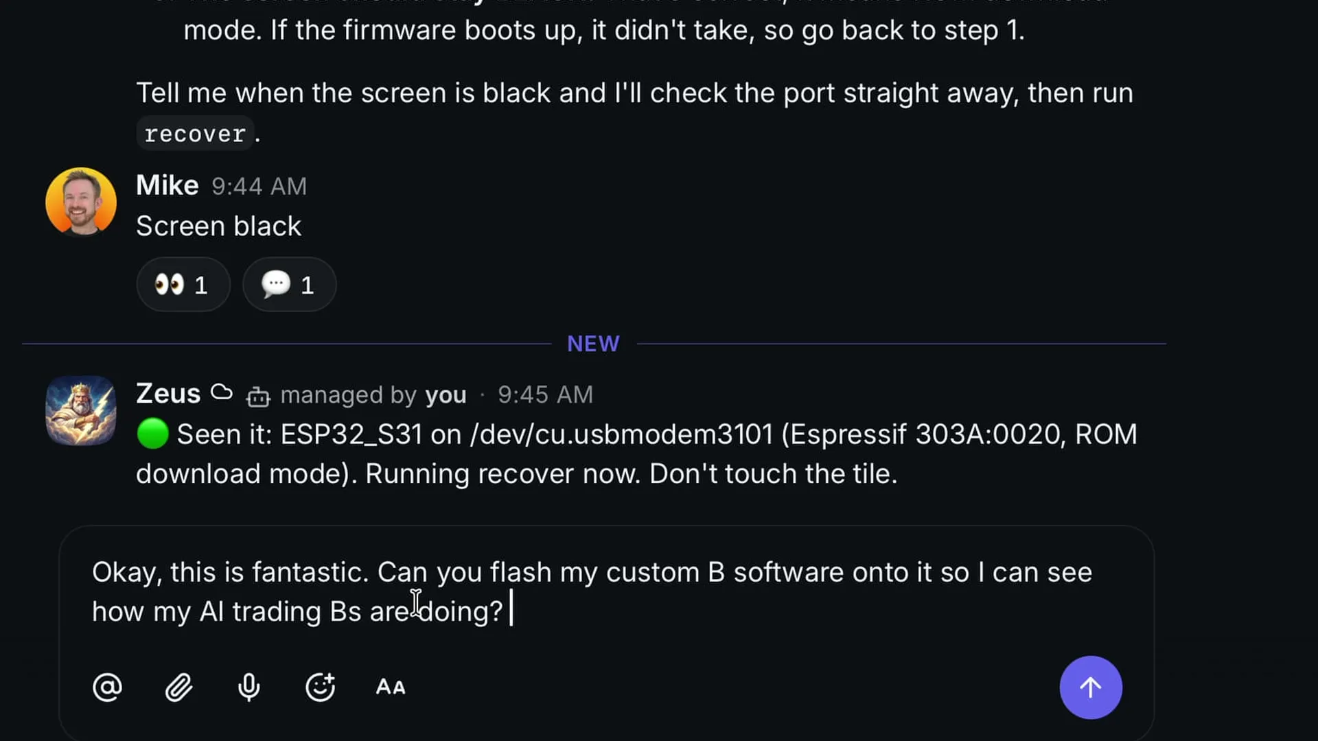 The agent finds the ESP32-S31 in download mode